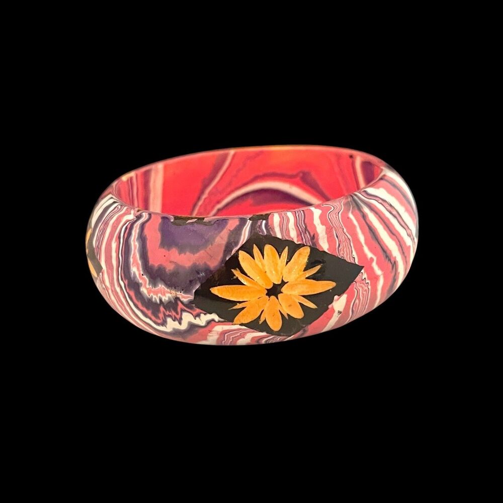 Vintage 1970s Painted Wood Bangle Bracelet Marbled Floral Pink Purple - 9P